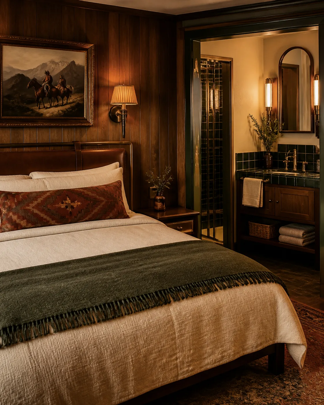 A warm Old West inspired motel room with cream bedding and green accents.
