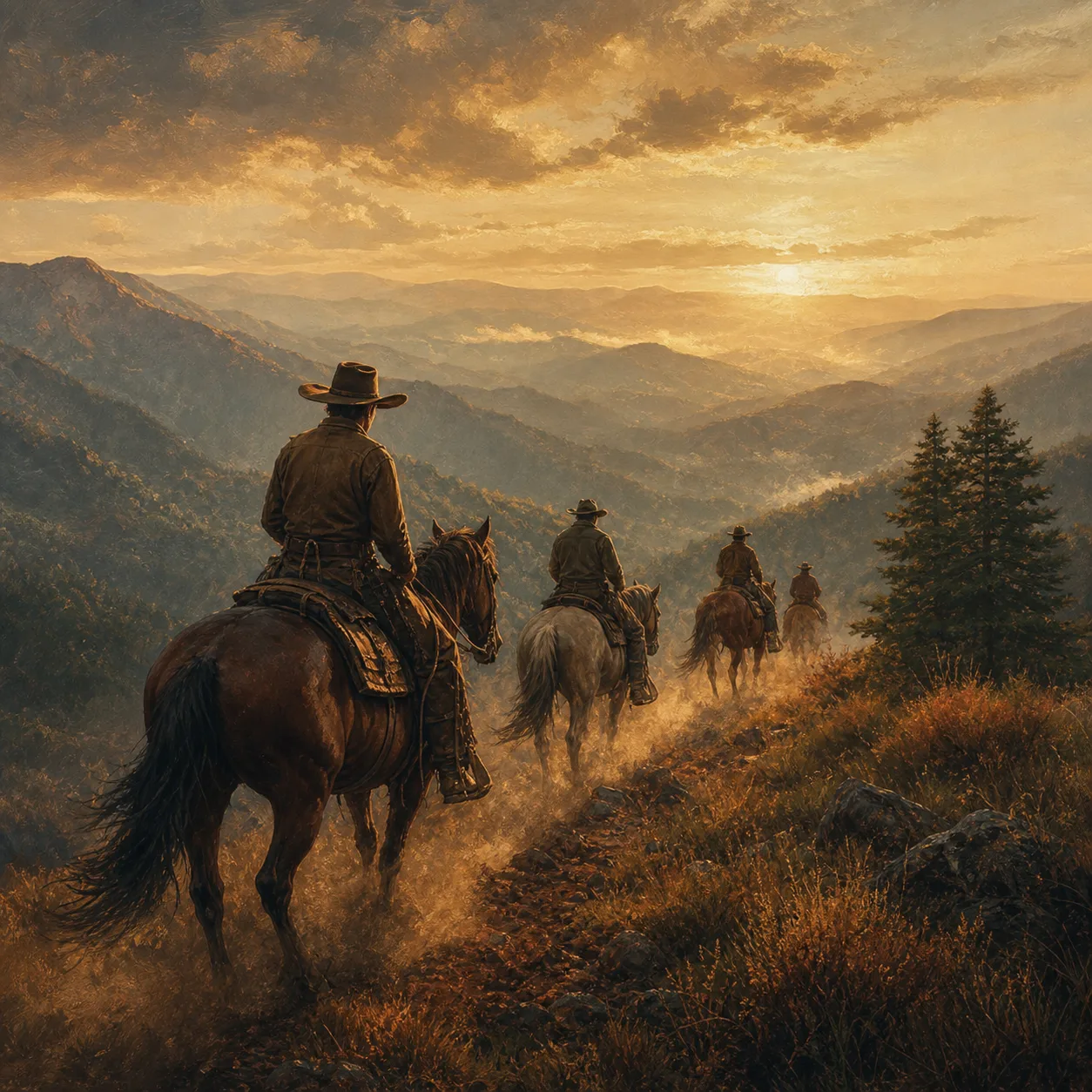 Vintage inspired riders crossing a Smoky Mountain ridge at golden hour.