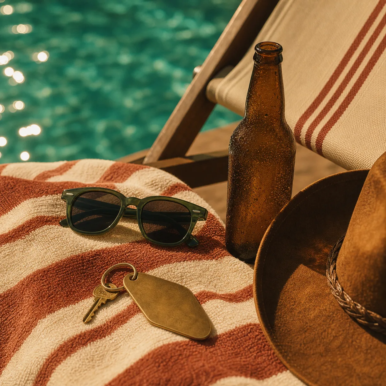 Retro poolside objects with warm light, striped towel, sunglasses, and cowboy hat.