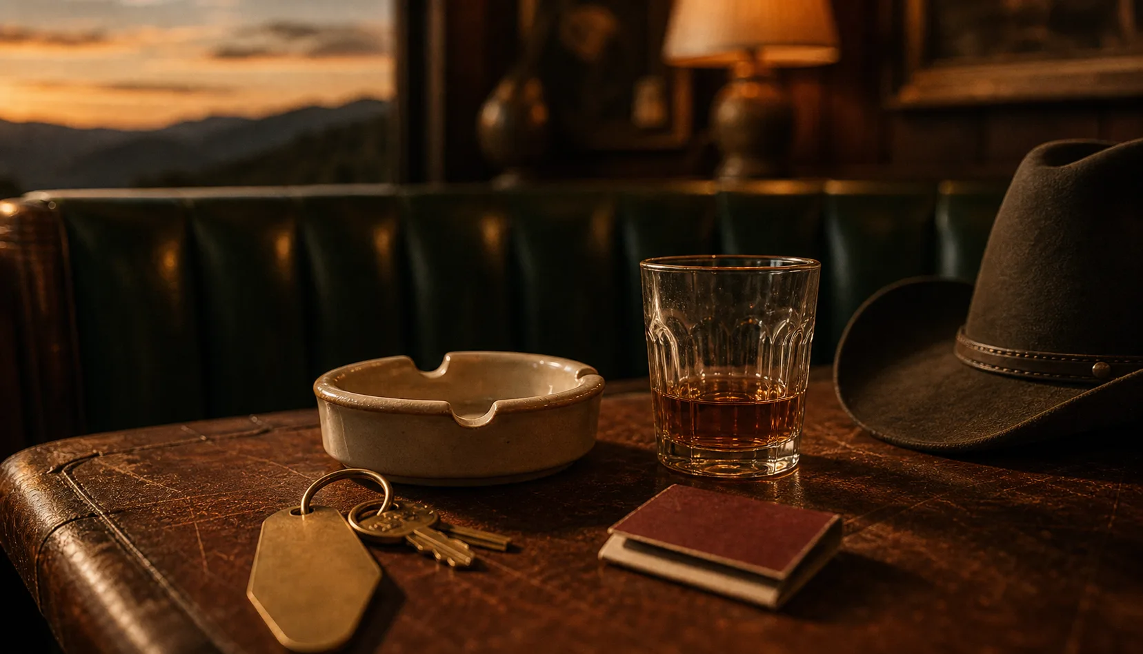 A moody western dive tabletop with brass key, leather, amber glass, and green booth.