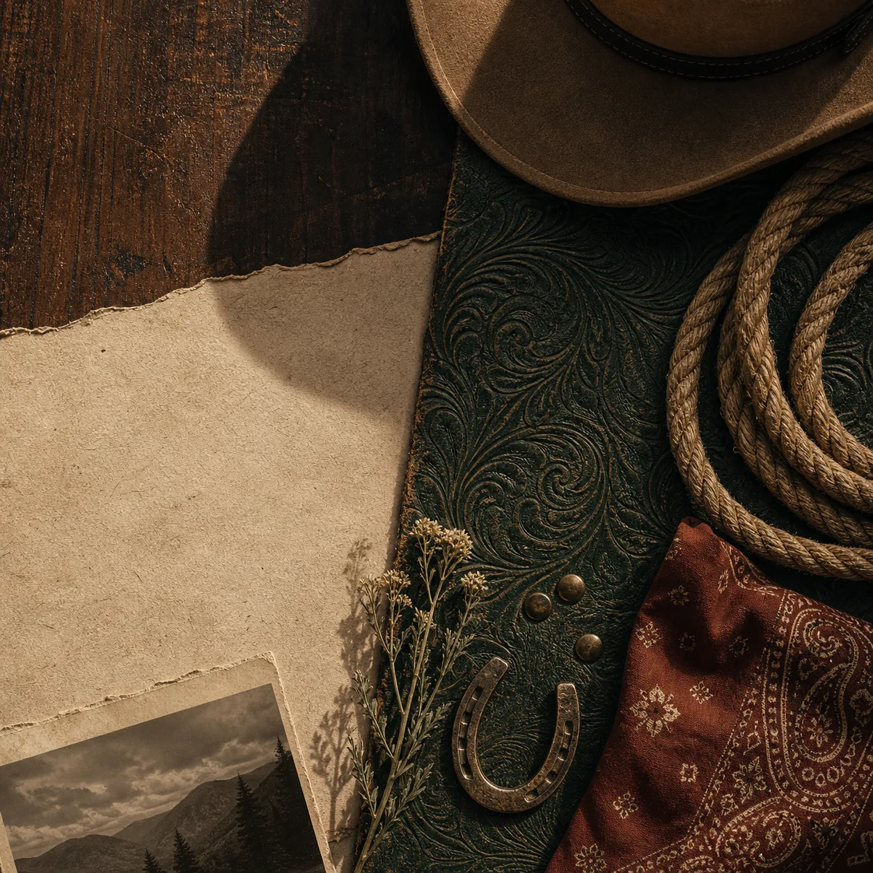 A tactile western flat-lay with leather, rope, horseshoe, paper, and mountain flower.